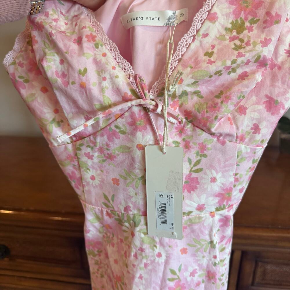 NWT Altar’d State Pink Floral Lace Trim Tie Back Mini Dress Small - Picture 5 of 9